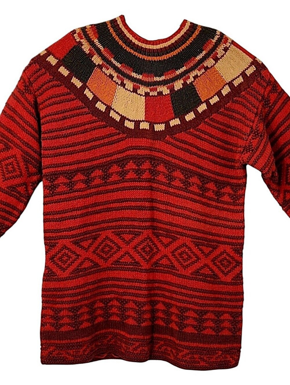 Fair Isle Nordic Sweater Womens L Red Orange Aztec Knit Lodgecore